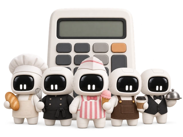 Bizzy as a baker, chef, ice cream maker, barista and server beside a calculator.